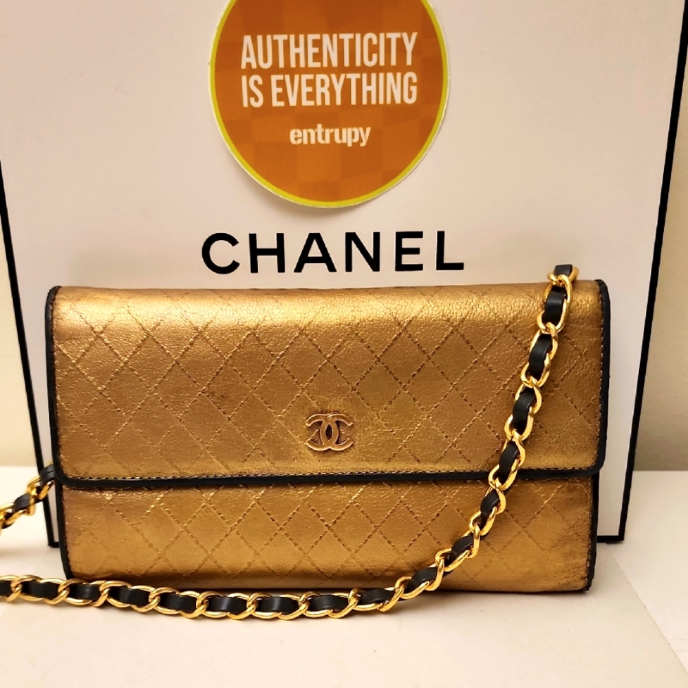 Chanel Trifold CC Flap Wallet Purse Matelasse Calfskin Gold Gray